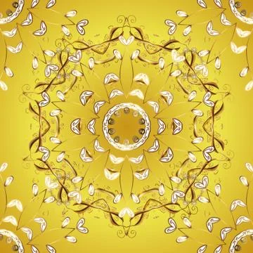 Vector pattern on yellow and white colors with golden elements. Damask pattern f 스톡 일러스트