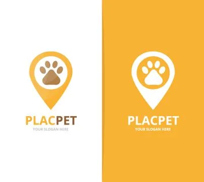 Vector paw and map pointer logo combination. Pet and gps locator symbol or icon Stock Illustration