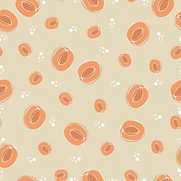 Vector Peaches fruit seamless pattern on isolated beige brown background. Stock Illustration