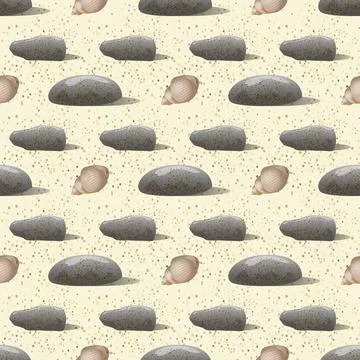 Vector pebbles and shell of hermit crab seamless pattern. Sea print イラスト素材