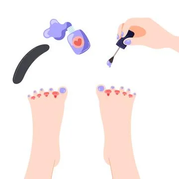 Vector pedicure scene. top view of the process of painting toenails with th.. Stock Illustration
