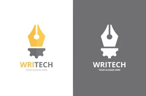 Vector pen and gear logo combination. Write and mechanic symbol or icon. Unique Stock Illustration