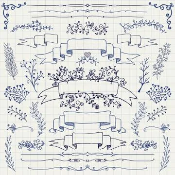 Vector Pen Drawing Floral Design Elements, Ribbons 库存插图