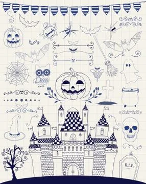 Vector Pen Drawing Hand Sketched Doodle Halloween Icons Stock Illustration
