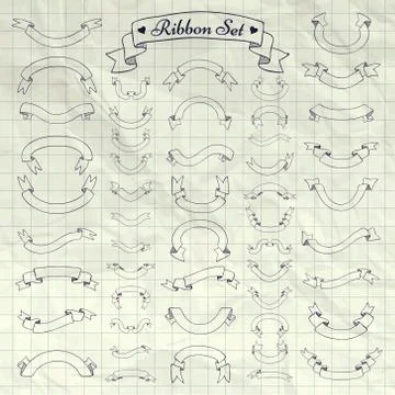 Vector Pen Drawing Ribbons, Banners on Notebook Texture Stock Illustration