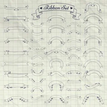 Vector Pen Drawing Ribbons, Banners on Notebook Texture Stock Illustration