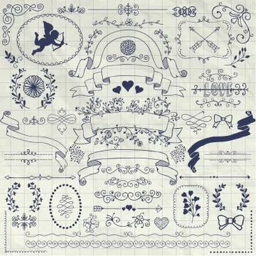 Vector Pen Drawing Rustic Floral Design Elements Illustrazione stock