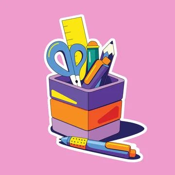 Vector pen stand with a line of knives and pens on a light pink background... Stock Illustration