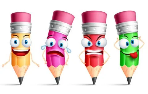 Vector pencil character or mascot colorful set with facial expressions Illustrazione stock