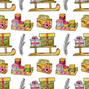 Vector pencil seamless pattern New Year s, Christmas gifts Stock Illustration