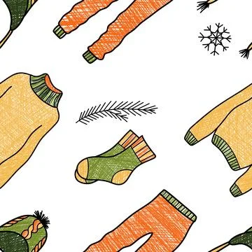 Vector pencil seamless pattern of winter clothes Stock Illustration