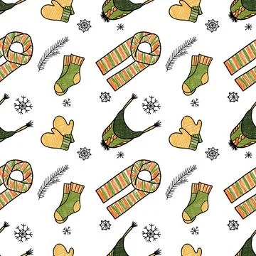 Vector pencil seamless pattern of winter clothes Stock Illustration