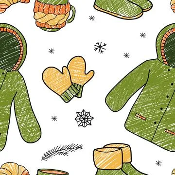 Vector pencil seamless pattern of winter clothes Stock Illustration