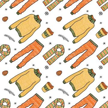 Vector pencil seamless pattern of winter clothes Stock Illustration