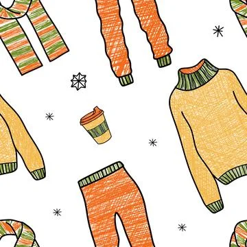Vector pencil seamless pattern of winter clothes Stock Illustration