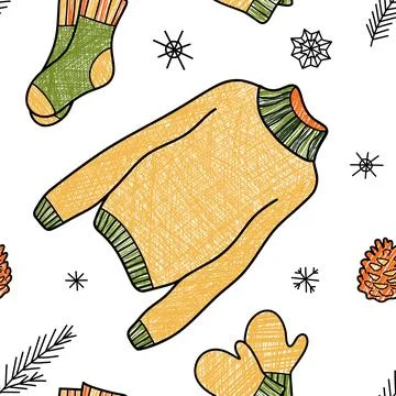 Vector pencil seamless pattern of winter clothes Stock Illustration