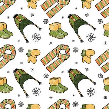 Vector pencil seamless pattern of winter clothes Stock Illustration