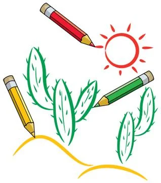 Vector pencils draw cactus and sun in desert Stock Illustration