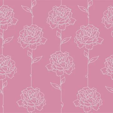 Vector peony flower hand drawn line art seamless repeat pattern. Stock Illustration