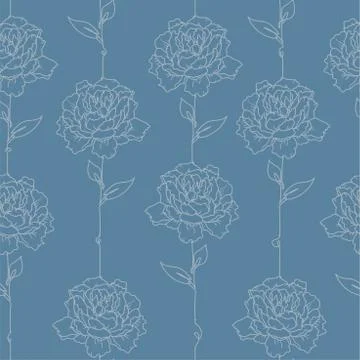 Vector peony flower hand drawn line art seamless repeat pattern. Stock Illustration