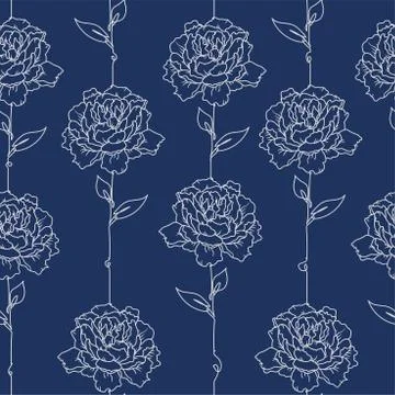 Vector peony flower hand drawn line art seamless repeat pattern. Illustrazione stock