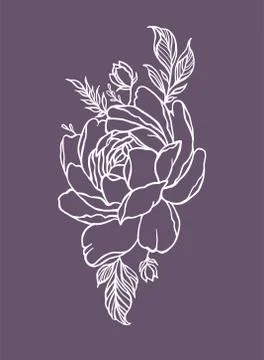 Vector peony rose flower white silhouette floral tattoo outline drawing Stock-Illustration