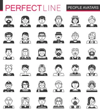 Vector People avatars classic black concept icons. Men and woman heads set. Stock Illustration