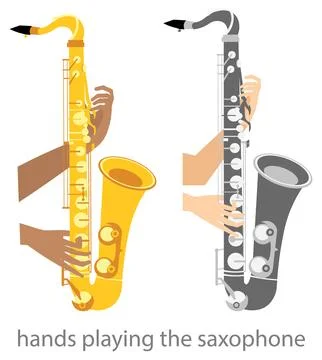 Vector people. Black and white hands play melodies on the saxophone. Playin.. Stock Illustration