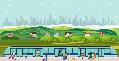 Vector of people boarding the train at the railway station in the suburb of t Stock Illustration