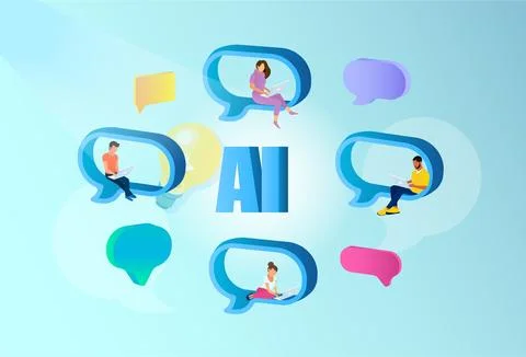 Vector of people chatting with AI chat bot and getting answers to questions Stock Illustration