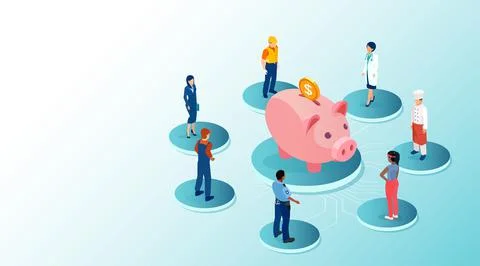 Vector of people of different occupations standing around a piggybank Stock Illustration