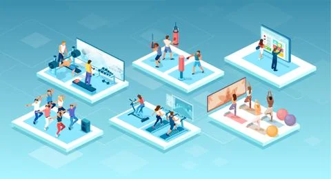 Vector of people doing different workouts at the gym, fitness center Stock Illustration