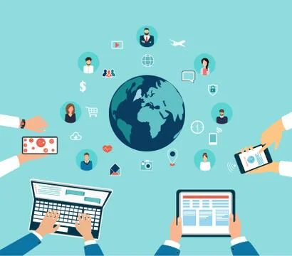 Vector of people hands using gadgets, communicating on social media platform  Stock Illustration