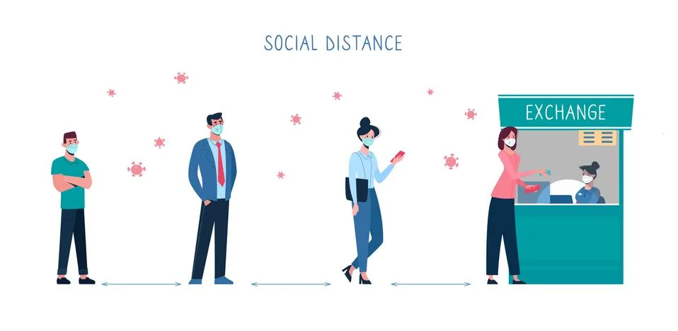 Vector People keep their distance when they stand in line at the currency Stock Illustration