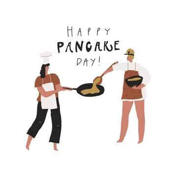 Vector people making pancakes. Hand drawn image and text: happy pancake day Stock Illustration