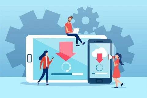 Vector of people making system software updates on mobile gadgets Stock Illustration
