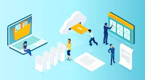 Vector of people managing data files using cloud services 스톡 일러스트