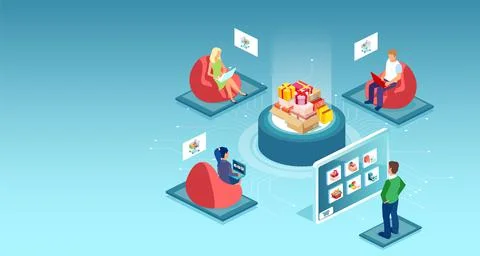 Vector of people online shopping on an E-commerce platform making order using Stock Illustration