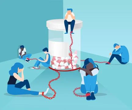 Vector of people opioid addicts chained to the bottle of painkiller pills Stock Illustration