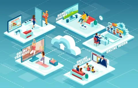 Vector of people staying at home working online, watching TV, ordering food v Stock Illustration