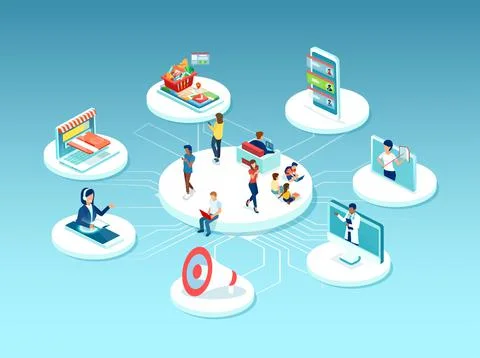 Vector of people surrounded by many online services, education, health care,  Illustrazione stock