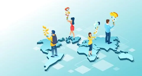 Vector of people worldwide using mobile phones and social media apps Illustrazione stock