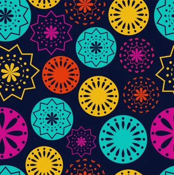 Vector. Perforated bright patterns Papel Picado pattern on a colored background. Stock Illustration