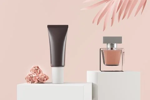 Vector perfume and cream squeeze tube on pastel pink background Stock Illustration