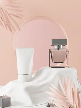 Vector perfume and cream squeeze tube on pastel pink background Stock Illustration