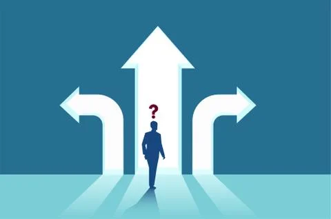 Vector of perplexed businessman with question mark standing in front of arrow Ilustração Stock