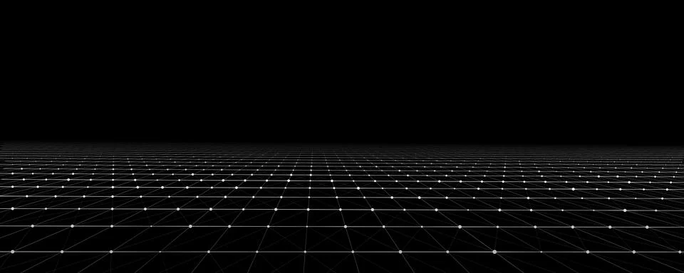 Vector perspective grid on black background. Dots connected by lines. Digit.. Stock Illustration