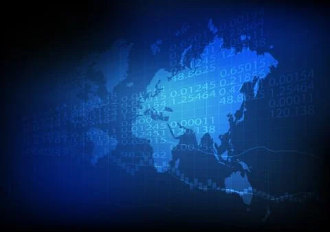 Vector : Perspective world map with stock board and graph on blue background Stock Illustration