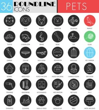 Vector Pet friend circle white black icon set. Modern line black pets icon 스톡 일러스트