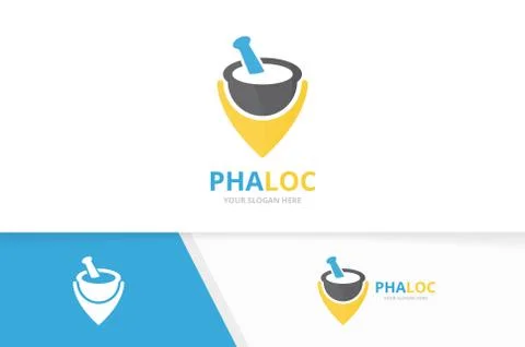 Vector pharmacy and map pointer logo combination. Pounder and gps locator symbol Illustrazione stock